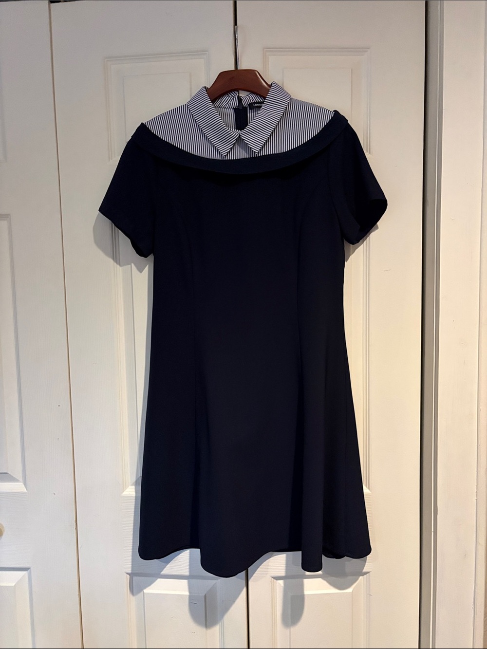 Navy Short Sleeve Fit and Flare Dress with Striped Collar